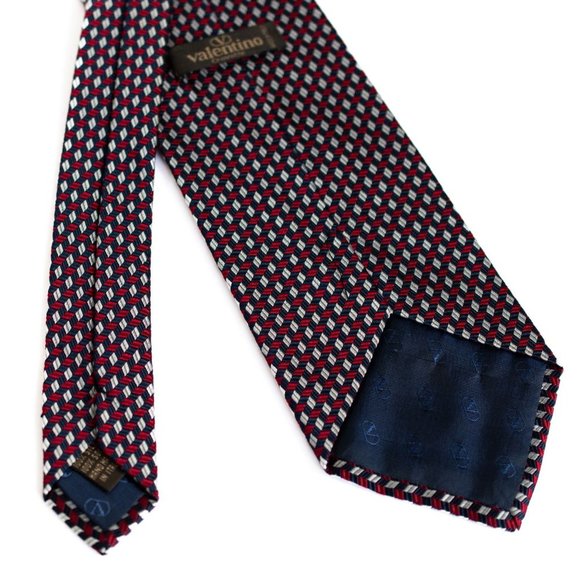 VALENTINO Men's Designer Silk Necktie Burgundy Red Blue Silver Made in Italy - Picture 4 of 5